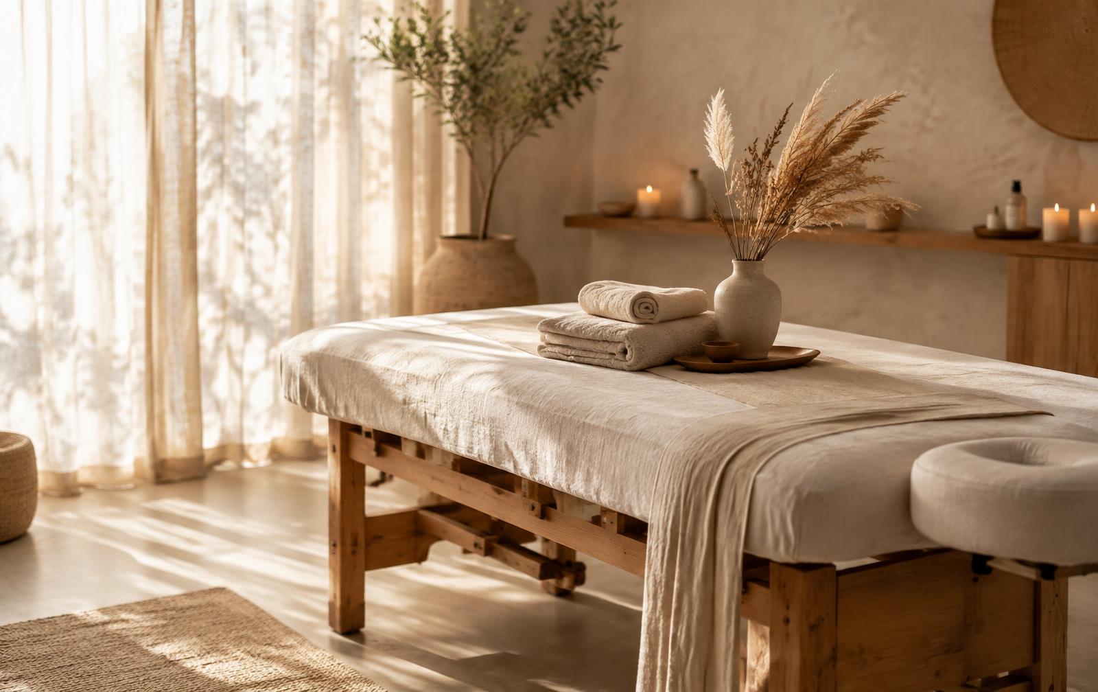 Calm treatment room with linen curtains and warm light